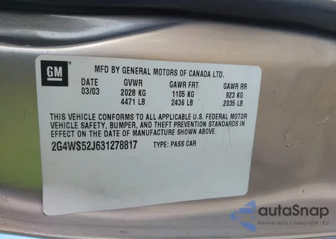 2003 Buick Century Custom z USA, uszkodzony, nr VIN 2G4WS52J631278817